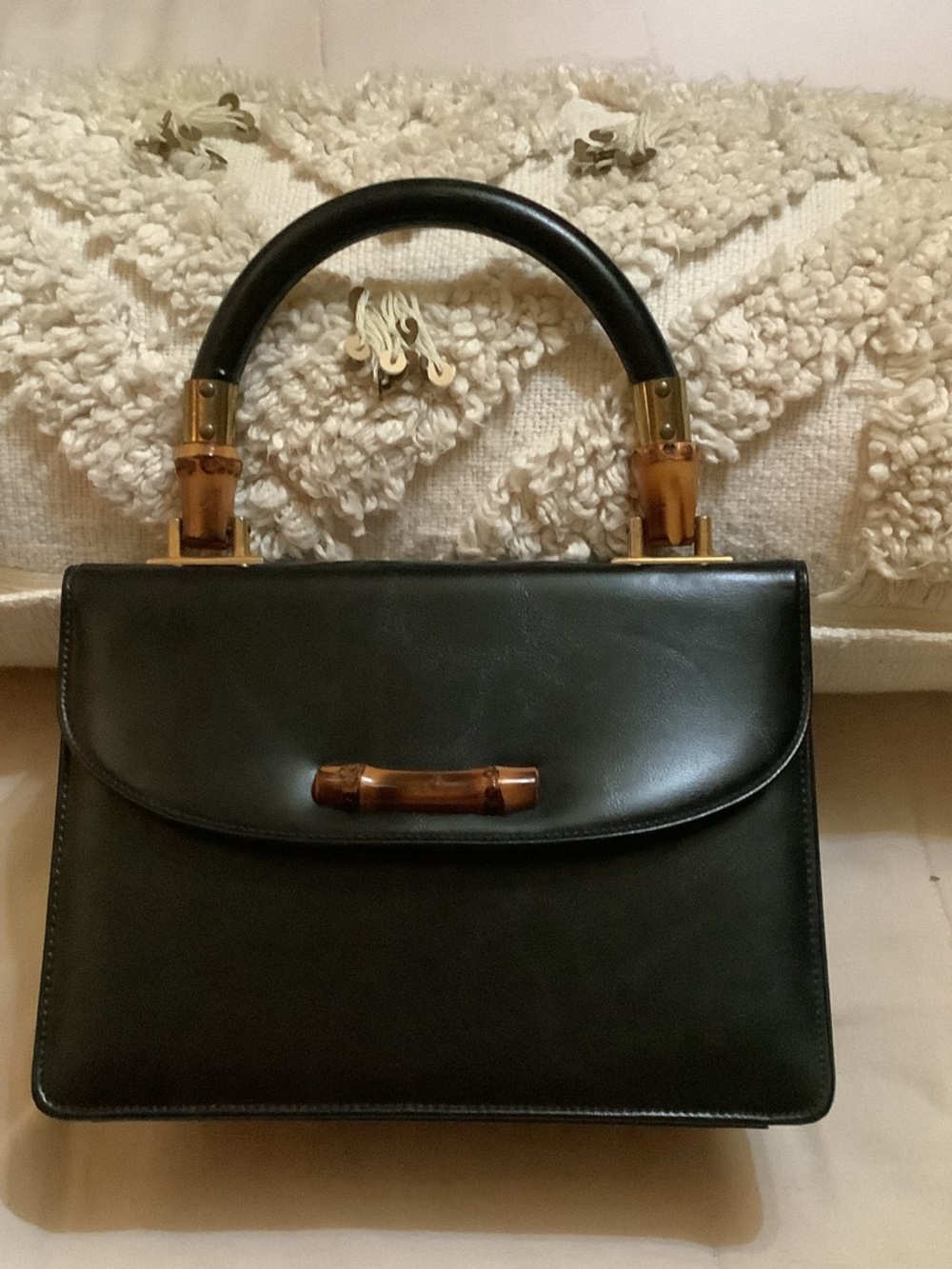Vintage Classic Black Leather Top-Handle Bag with Bamboo Accent